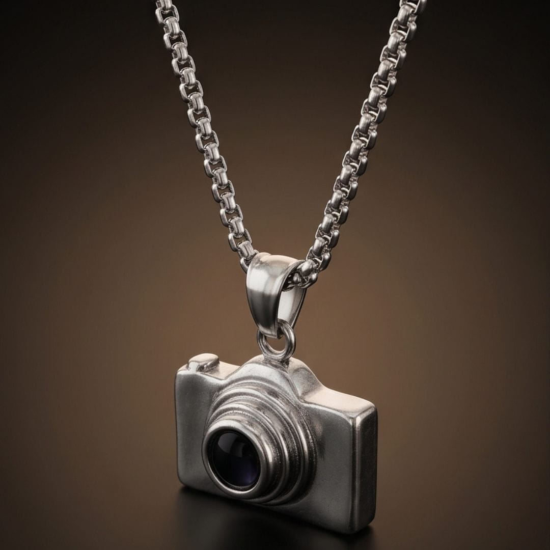 THE MEN THING SS Pendant/ Necklace PHOTO SNAP - 13mm Stainless Steel Pendant with 24inch Round Box 2mm Chain for Men & Boys