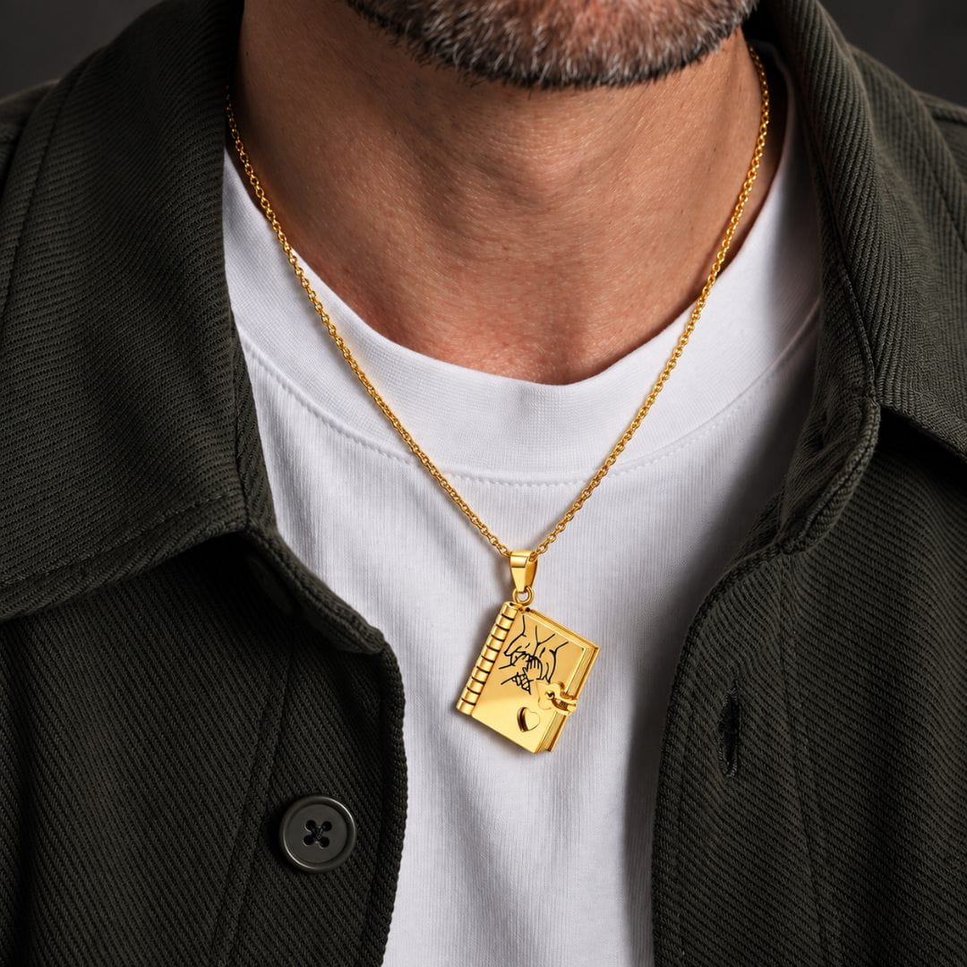 THE MEN THING SS Pendant/ Necklace PINKY PROMISE DIARY - GOLDEN - 18mm Pure Titanium Steel Pendant with 3mm Chain for Men & Boys (17 to 19 inch Adjustable Cable Chain)