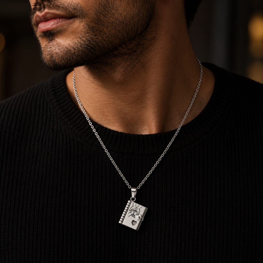 THE MEN THING SS Pendant/ Necklace PINKY PROMISE DIARY - STEEL - 18mm Pure Titanium Steel Pendant with 3mm Chain for Men & Boys (17 to 19 inch Adjustable Cable Chain)