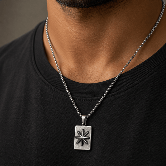 THE MEN THING SS Pendant/ Necklace POLARIS NORTH STAR Pendant | Premium Oxidized Stainless Steel Compass Star Necklace with 24 Inch Round Box 5mm Chain For Men And Boys