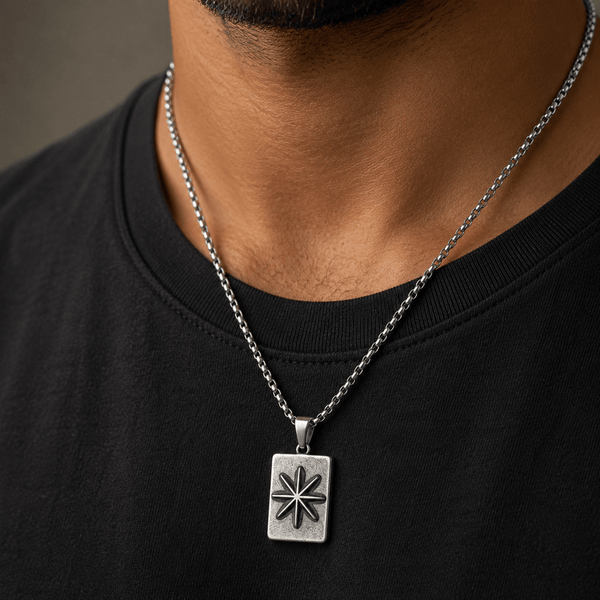 POLARIS NORTH STAR Pendant | Premium Oxidized Stainless Steel Compass Star Necklace with 24 Inch Round Box 5mm Chain For Men And Boys