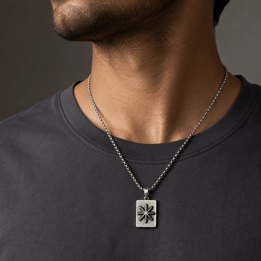 THE MEN THING SS Pendant/ Necklace POLARIS NORTH STAR Pendant | Premium Oxidized Stainless Steel Compass Star Necklace with 24 Inch Round Box 5mm Chain For Men And Boys