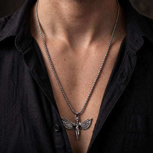 THE MEN THING SS Pendant/ Necklace PRAYING ANGEL WING - 44mm Pure Titanium Steel Pendant with 27inch Round Box 4mm Chain for Men & Boys