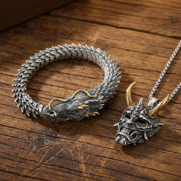 Combo – Golden Horn Titanium Pendant with 24″ Chain + Vintage Wyvern Copper Bracelet (9 inch)
