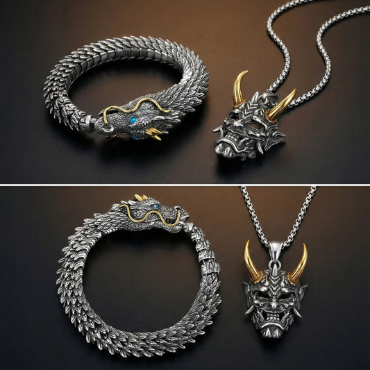 THE MEN THING SS Pendant/ Necklace Premium Men’s Jewellery Combo – Golden Horn Titanium Pendant with 24″ Chain + Vintage Wyvern Copper Bracelet (9 inch)