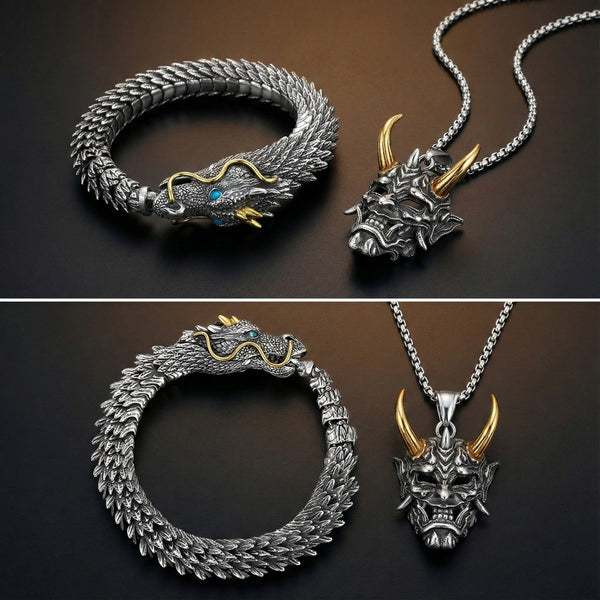 Combo – Golden Horn Titanium Pendant with 24″ Chain + Vintage Wyvern Copper Bracelet (9 inch)