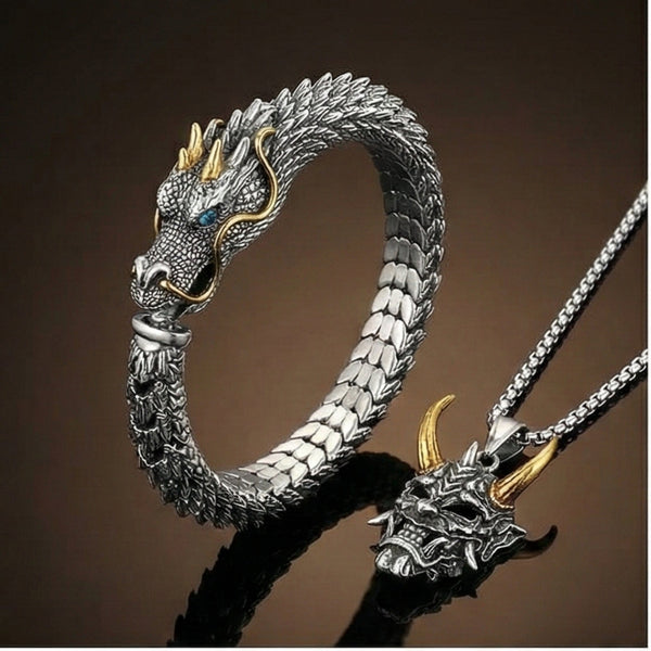 Combo – Golden Horn Titanium Pendant with 24″ Chain + Vintage Wyvern Copper Bracelet (9 inch)