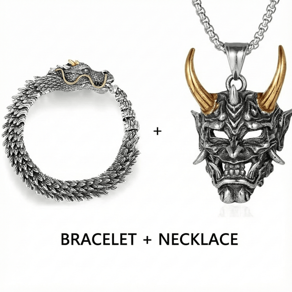 Combo – Golden Horn Titanium Pendant with 24″ Chain + Vintage Wyvern Copper Bracelet (9 inch)