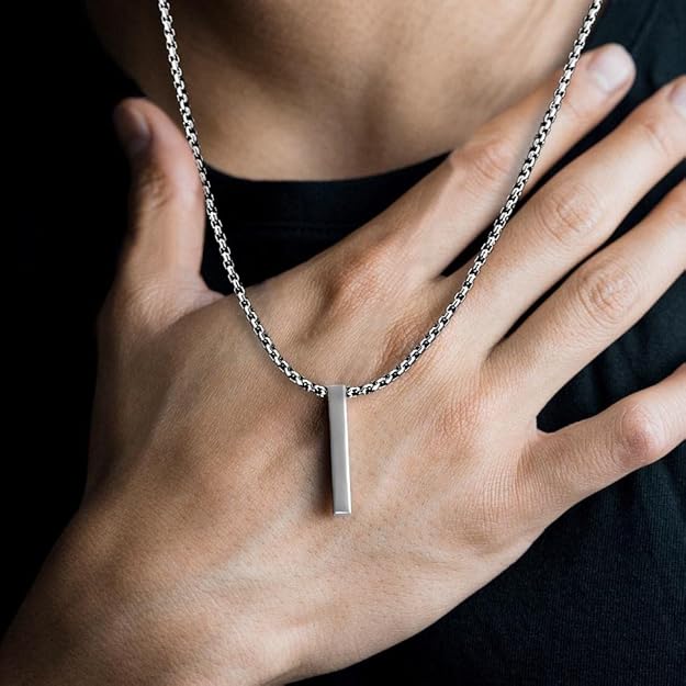 THE MEN THING SS Pendant/ Necklace Premium Men’s Jewellery Combo – Titanium Mesh Link Bracelet (11.5mm) + Ultra-Polished Cuboid Bar Pendant with 24″ Chain