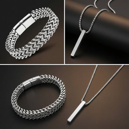 THE MEN THING SS Pendant/ Necklace Premium Men’s Jewellery Combo – Titanium Mesh Link Bracelet (11.5mm) + Ultra-Polished Cuboid Bar Pendant with 24″ Chain