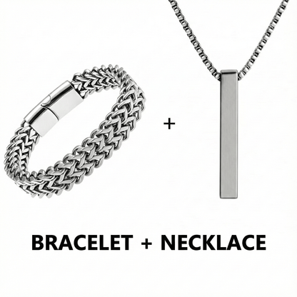 THE MEN THING SS Pendant/ Necklace Premium Men’s Jewellery Combo – Titanium Mesh Link Bracelet (11.5mm) + Ultra-Polished Cuboid Bar Pendant with 24″ Chain