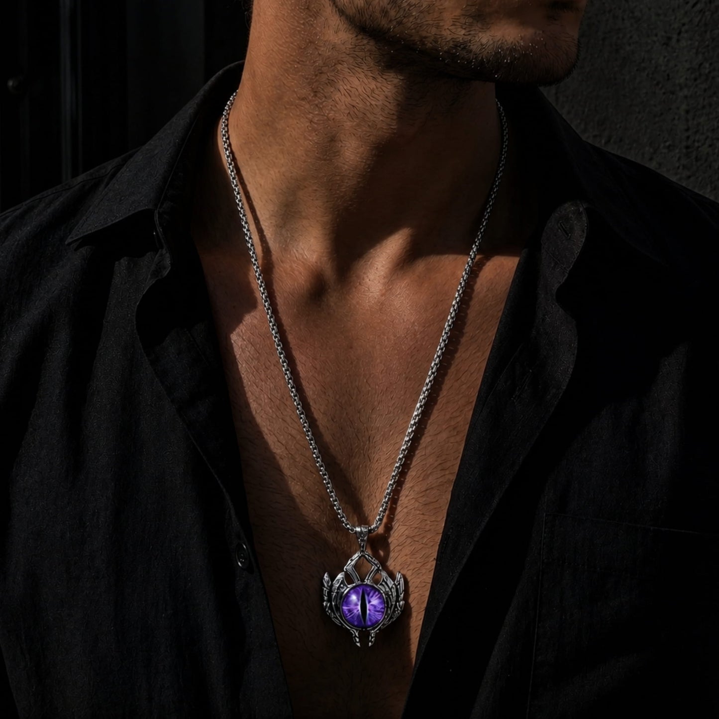 THE MEN THING SS Pendant/ Necklace PURPLE-EYE - Alloy Pendant with Stainless Steel 24inch Round Box Chain for Men & Boy