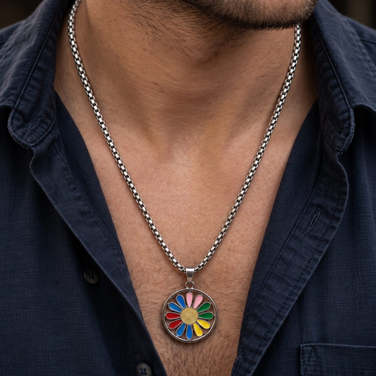 THE MEN THING SS Pendant/ Necklace RAINBOW DAISY - 27mm Pure Titanium Steel Pendant with 27inch Round Box 4mm Chain for Men & Boys