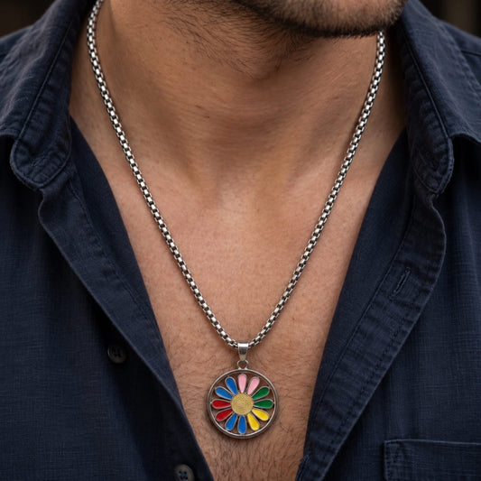 THE MEN THING SS Pendant/ Necklace RAINBOW DAISY - 27mm Pure Titanium Steel Pendant with 27inch Round Box 4mm Chain for Men & Boys