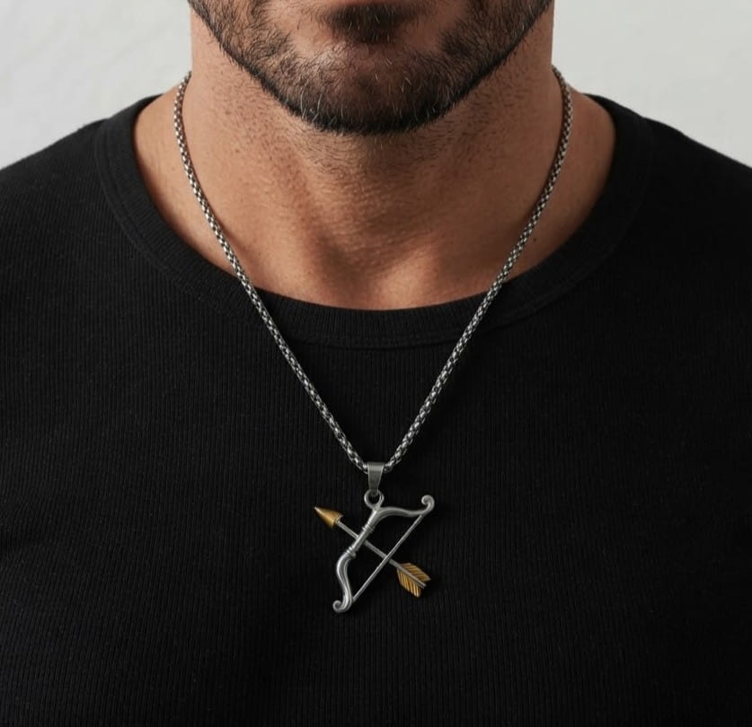 THE MEN THING SS Pendant/ Necklace RAM DHANUSH BOW & ARROW Pendant | Premium Oxidized Stainless Steel Silver & Gold Finish Necklace with 24 Inch Round Box 5mm Chain For Men And Boys