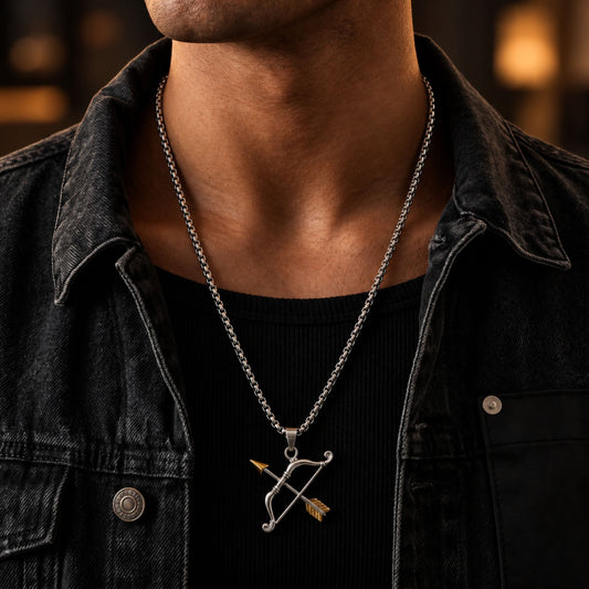 THE MEN THING SS Pendant/ Necklace RAM DHANUSH BOW & ARROW Pendant | Premium Oxidized Stainless Steel Silver & Gold Finish Necklace with 24 Inch Round Box 5mm Chain For Men And Boys