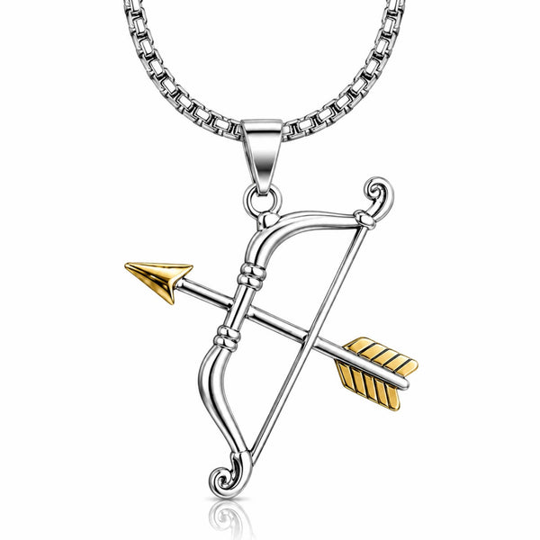 RAM DHANUSH BOW & ARROW Pendant | Premium Oxidized Stainless Steel Silver & Gold Finish Necklace with 24 Inch Round Box 5mm Chain For Men And Boys