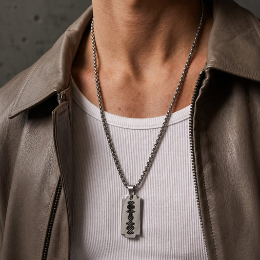 THE MEN THING SS Pendant/ Necklace RAZOR BLADE - Pure Titanium Steel Pendant with 24inch Round Box Chain for Men & Boys