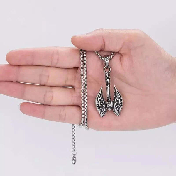 REALM AXE - शुद्ध स्टेनलेस स्टील 24 इंच गोल बॉक्स के साथ मिश्र धातु पैटर्न वाली कुल्हाड़ी पेंडेंट, पुरुषों और लड़कों के लिए यूरोपीय ट्रेंडिंग स्टाइल