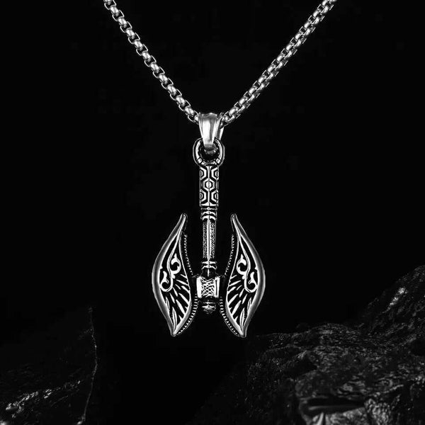 REALM AXE - शुद्ध स्टेनलेस स्टील 24 इंच गोल बॉक्स के साथ मिश्र धातु पैटर्न वाली कुल्हाड़ी पेंडेंट, पुरुषों और लड़कों के लिए यूरोपीय ट्रेंडिंग स्टाइल