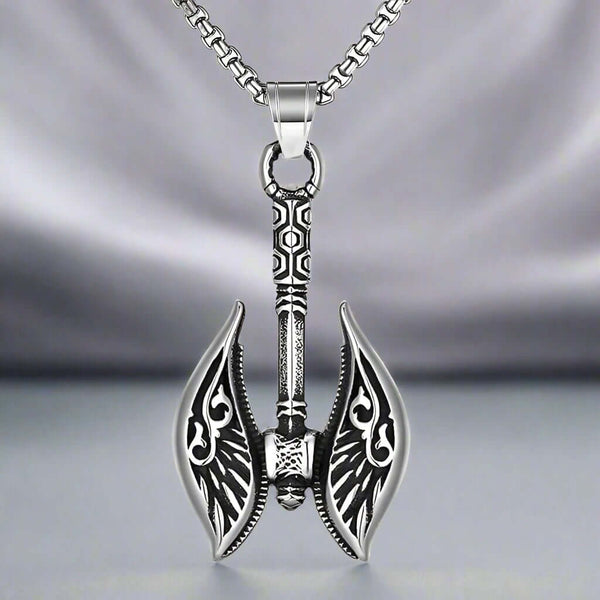 REALM AXE - शुद्ध स्टेनलेस स्टील 24 इंच गोल बॉक्स के साथ मिश्र धातु पैटर्न वाली कुल्हाड़ी पेंडेंट, पुरुषों और लड़कों के लिए यूरोपीय ट्रेंडिंग स्टाइल