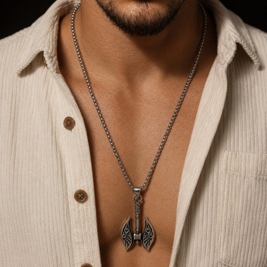 THE MEN THING SS Pendant/ Necklace REALM AXE - Alloy Patterned Axe Pendant with Pure Stainless Steel  24inch Round Box, European trending Style for Men & Boy