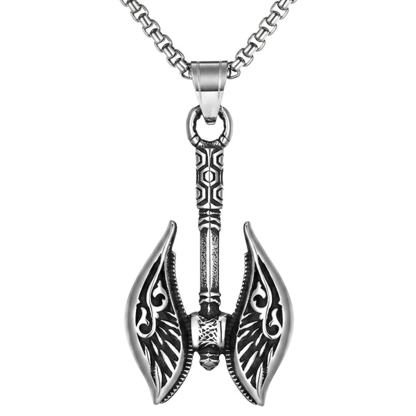 REALM AXE - Alloy Patterned Axe Pendant with Pure Stainless Steel  24inch Round Box, European trending Style for Men & Boy