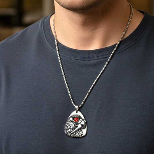 THE MEN THING SS Pendant/ Necklace RED EYE FALCON - 39mm Titanium Steel Pendant with 24inch Round Box 5mm Chain for Men & Boys