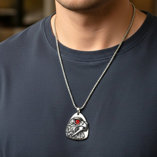 RED EYE FALCON - 39mm Titanium Steel Pendant with 24inch Round Box 5mm Chain for Men & Boys