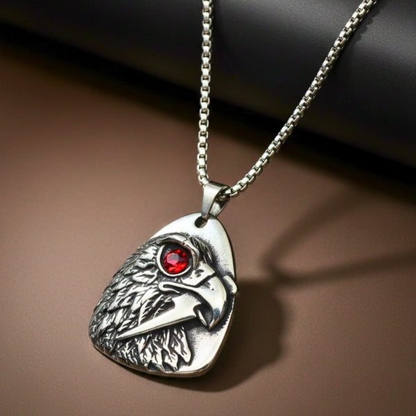 RED EYE FALCON - 39mm Titanium Steel Pendant with 24inch Round Box 5mm Chain for Men & Boys