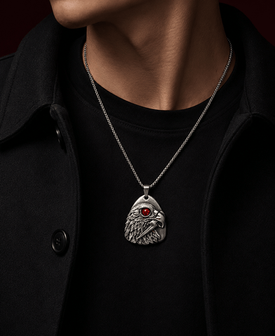 RED EYE FALCON - 39mm Titanium Steel Pendant with 24inch Round Box 5mm Chain for Men & Boys