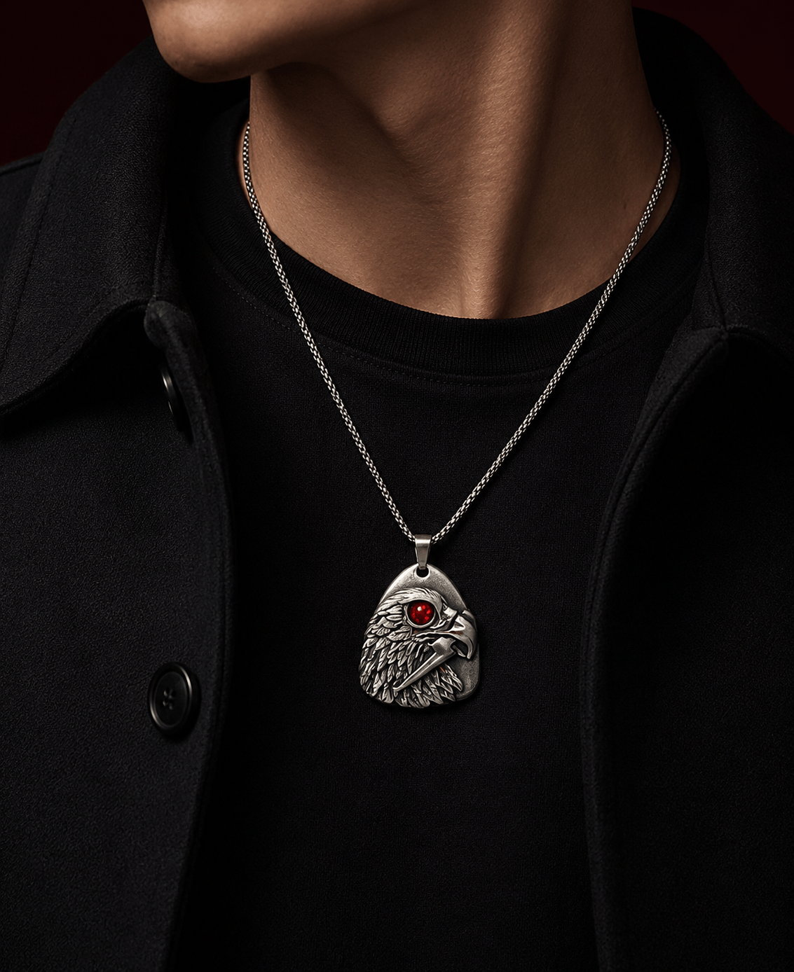 THE MEN THING SS Pendant/ Necklace RED EYE FALCON - 39mm Titanium Steel Pendant with 24inch Round Box 5mm Chain for Men & Boys