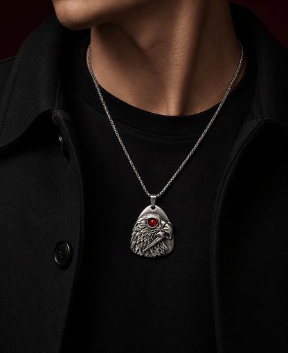 THE MEN THING SS Pendant/ Necklace RED EYE FALCON - 39mm Titanium Steel Pendant with 24inch Round Box 5mm Chain for Men & Boys