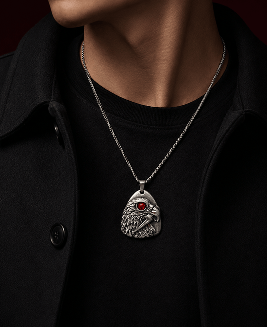 THE MEN THING SS Pendant/ Necklace RED EYE FALCON - 39mm Titanium Steel Pendant with 24inch Round Box 5mm Chain for Men & Boys