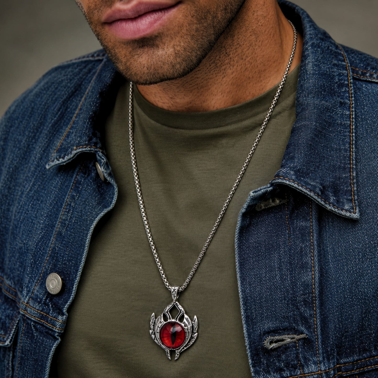 THE MEN THING SS Pendant/ Necklace RED-EYE PROTECT -  Alloy Pendant with Pure Stainless Steel 24inch Round Box Chain for Men, European trending Style for Men & Boy