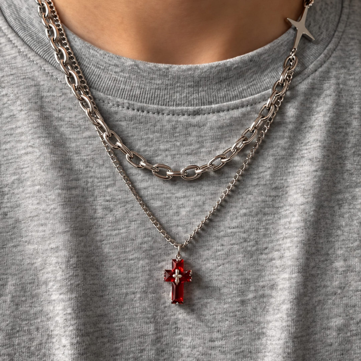 THE MEN THING SS Pendant/ Necklace RED HALO CROSS - 16mm Titanium Steel Pendant with 20inch Chain for Men & Boys