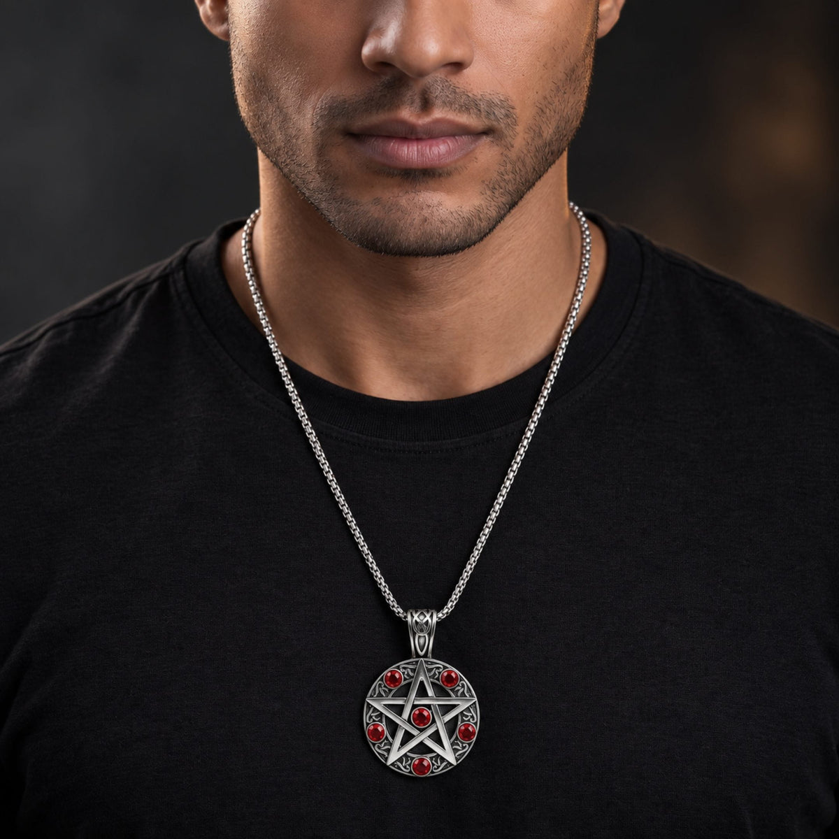THE MEN THING SS Pendant/ Necklace RED PENTAGRAM STAR - 31mm Pure Titanium Steel Pendant with 23inch Round Box 4mm Chain for Men & Boys