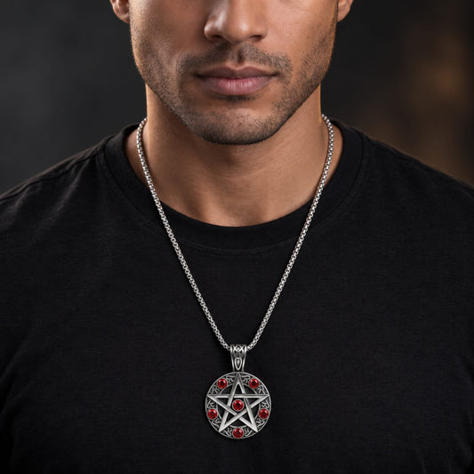 THE MEN THING SS Pendant/ Necklace RED PENTAGRAM STAR - 31mm Pure Titanium Steel Pendant with 23inch Round Box 4mm Chain for Men & Boys