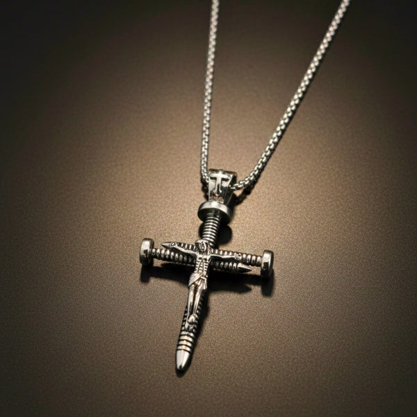 REDEMPTION NAIL CROSS - 35mm Pure Titanium Steel Pendant with 27inch Round Box 4mm Chain for Men & Boys
