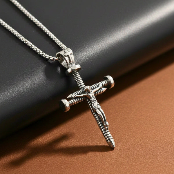 REDEMPTION NAIL CROSS - 35mm Pure Titanium Steel Pendant with 27inch Round Box 4mm Chain for Men & Boys