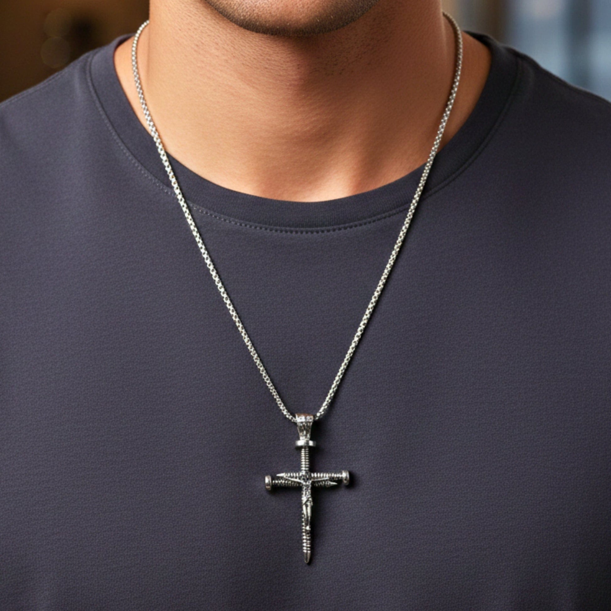 THE MEN THING SS Pendant/ Necklace REDEMPTION NAIL CROSS - 35mm Pure Titanium Steel Pendant with 27inch Round Box 4mm Chain for Men & Boys