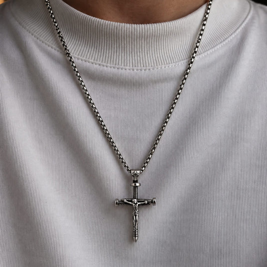 THE MEN THING SS Pendant/ Necklace REDEMPTION NAIL CROSS - 35mm Pure Titanium Steel Pendant with 27inch Round Box 4mm Chain for Men & Boys