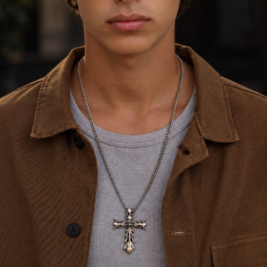 THE MEN THING SS Pendant/ Necklace REGAL CROSS - 31mm Pure Titanium Steel Pendant with 27inch Curb 3mm Chain for Men & Boys