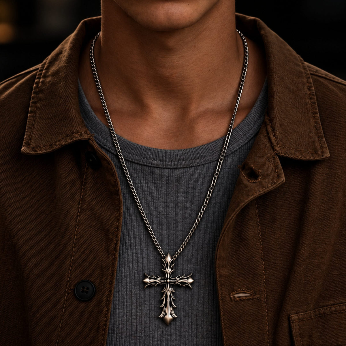 THE MEN THING SS Pendant/ Necklace REGAL CROSS - 31mm Pure Titanium Steel Pendant with 27inch Curb 3mm Chain for Men & Boys