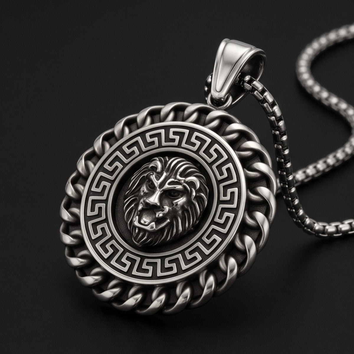 THE MEN THING SS Pendant/ Necklace REGAL ROAR - 35mm Titanium Steel Pendant with 23inch Round Box 4mm Chain for Men & Boys