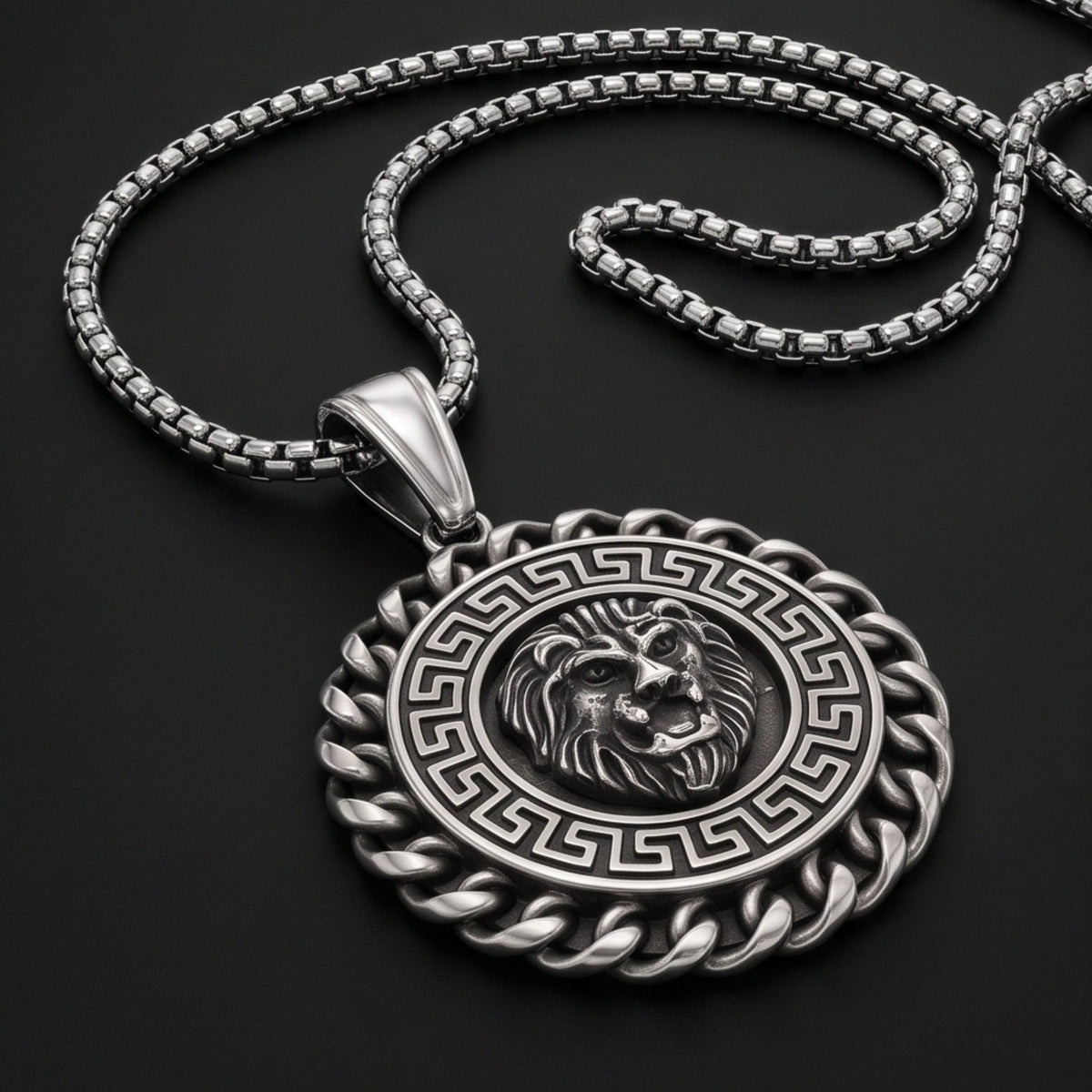 THE MEN THING SS Pendant/ Necklace REGAL ROAR - 35mm Titanium Steel Pendant with 23inch Round Box 4mm Chain for Men & Boys
