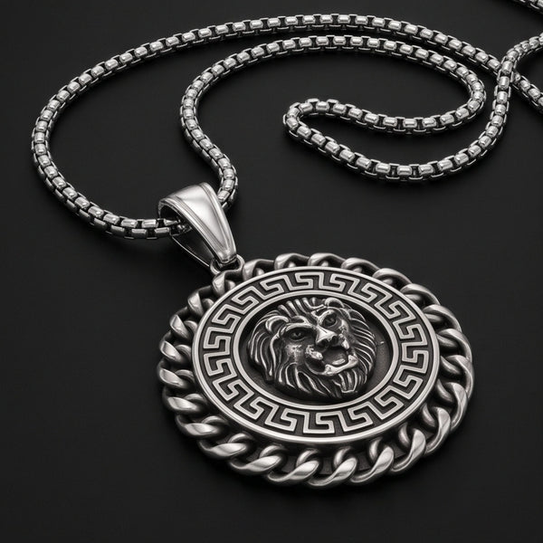 REGAL ROAR - 35mm Titanium Steel Pendant with 23inch Round Box 4mm Chain for Men & Boys