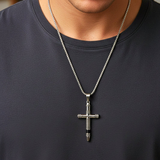 THE MEN THING SS Pendant/ Necklace REIGN CROSS - 34mm Titanium Steel Pendant with 24inch Round Box 4mm Chain for Men & Boys