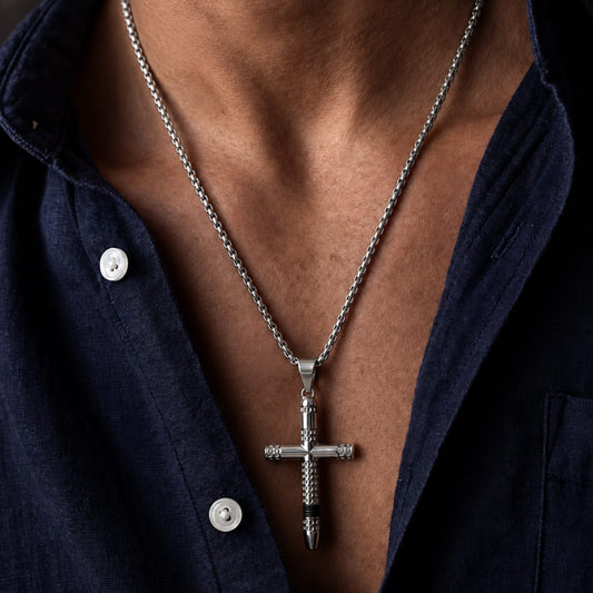 THE MEN THING SS Pendant/ Necklace REIGN CROSS - 34mm Titanium Steel Pendant with 24inch Round Box 4mm Chain for Men & Boys
