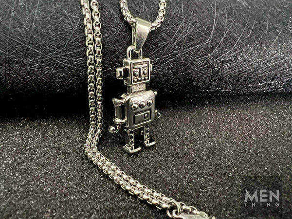 रोबोट V2 - शुद्ध स्टेनलेस स्टील 24 इंच गोल बॉक्स चेन के साथ मिश्र धातु पेंडेंट, पुरुषों और लड़कों के लिए यूरोपीय ट्रेंडिंग स्टाइल